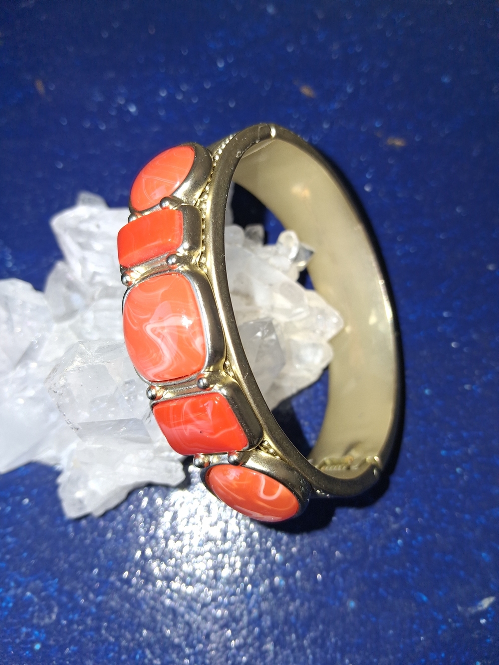 Gold-Tone Hinge Bracelet with Coral Red Cabochons